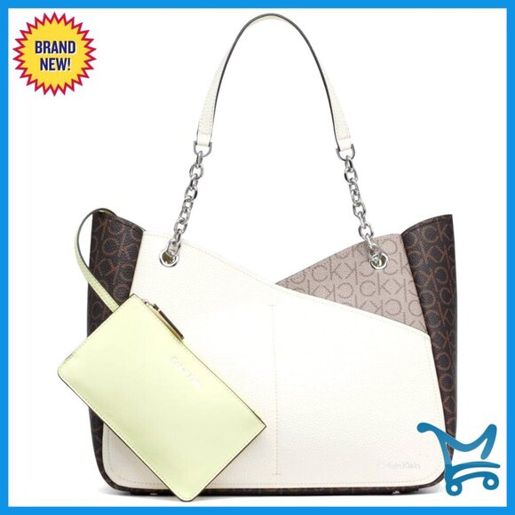 Handbags - Vegan Leather Tote with Removable Pouch, Exterior Slip Pocket